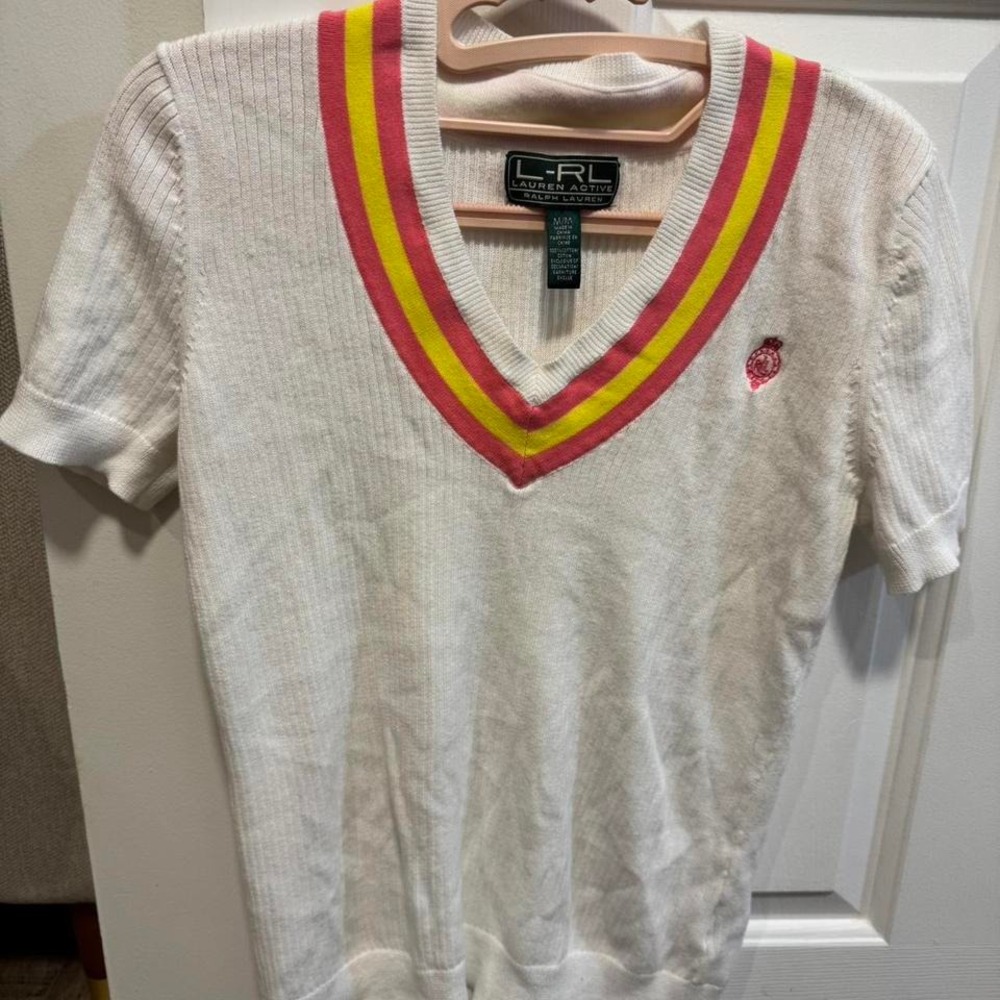 Vintage Lauren Ralph Lauren white and yellow v neck short sleeve sweater